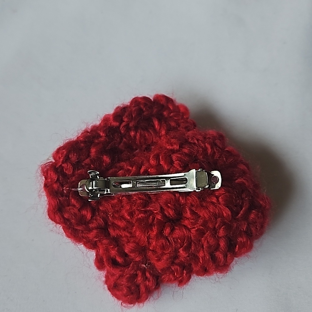Hand Crafted Red Crochet Chunky yarn Red & white Puffy Flower barrette Hair Clip - Picture 5 of 17